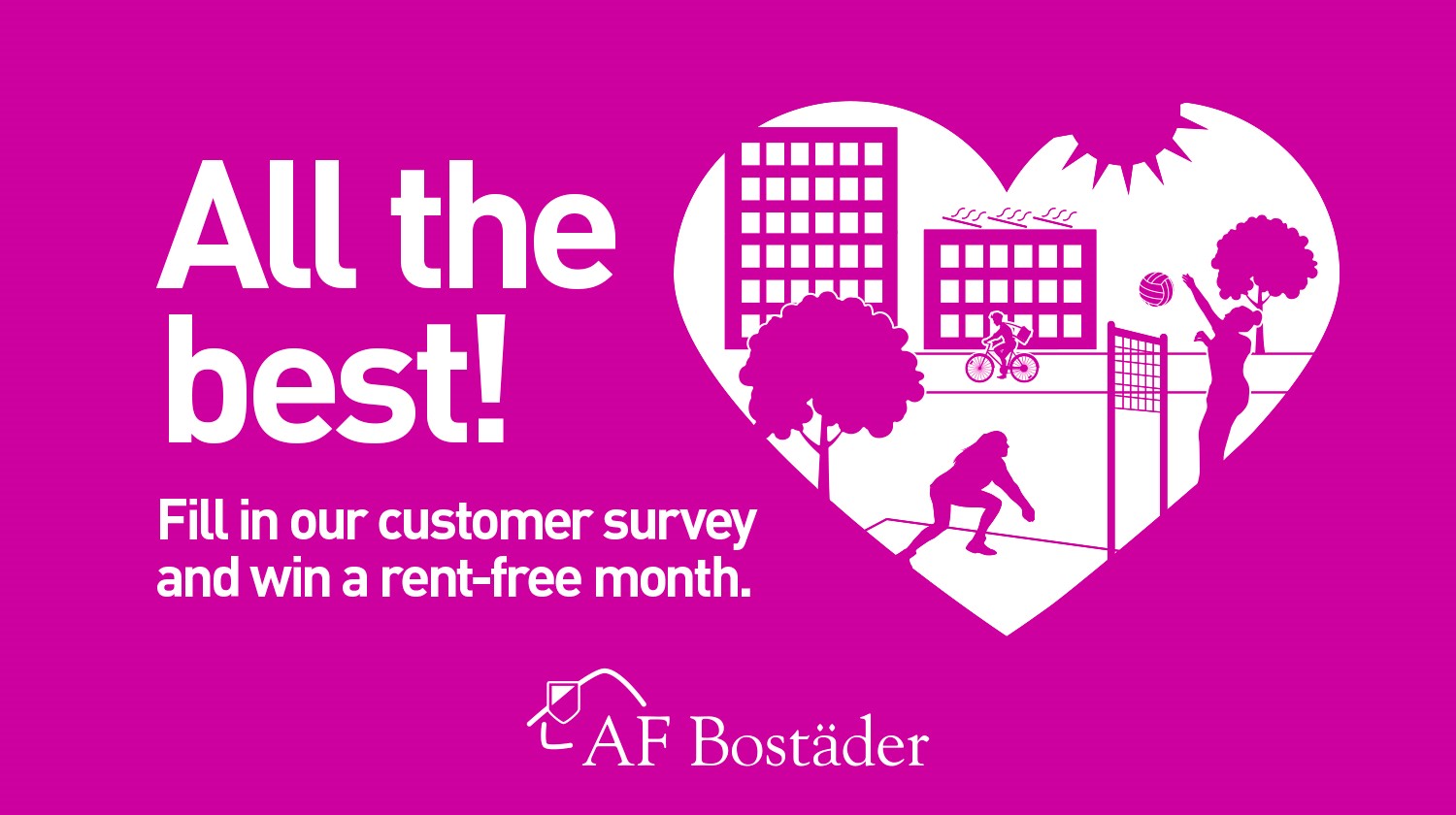 Pink banner saying All the best! Fill in our customer survey and win a rent-free month