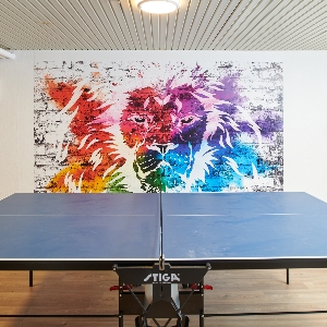 Blått pingisbord med färgglad tavla i bakgrunden
