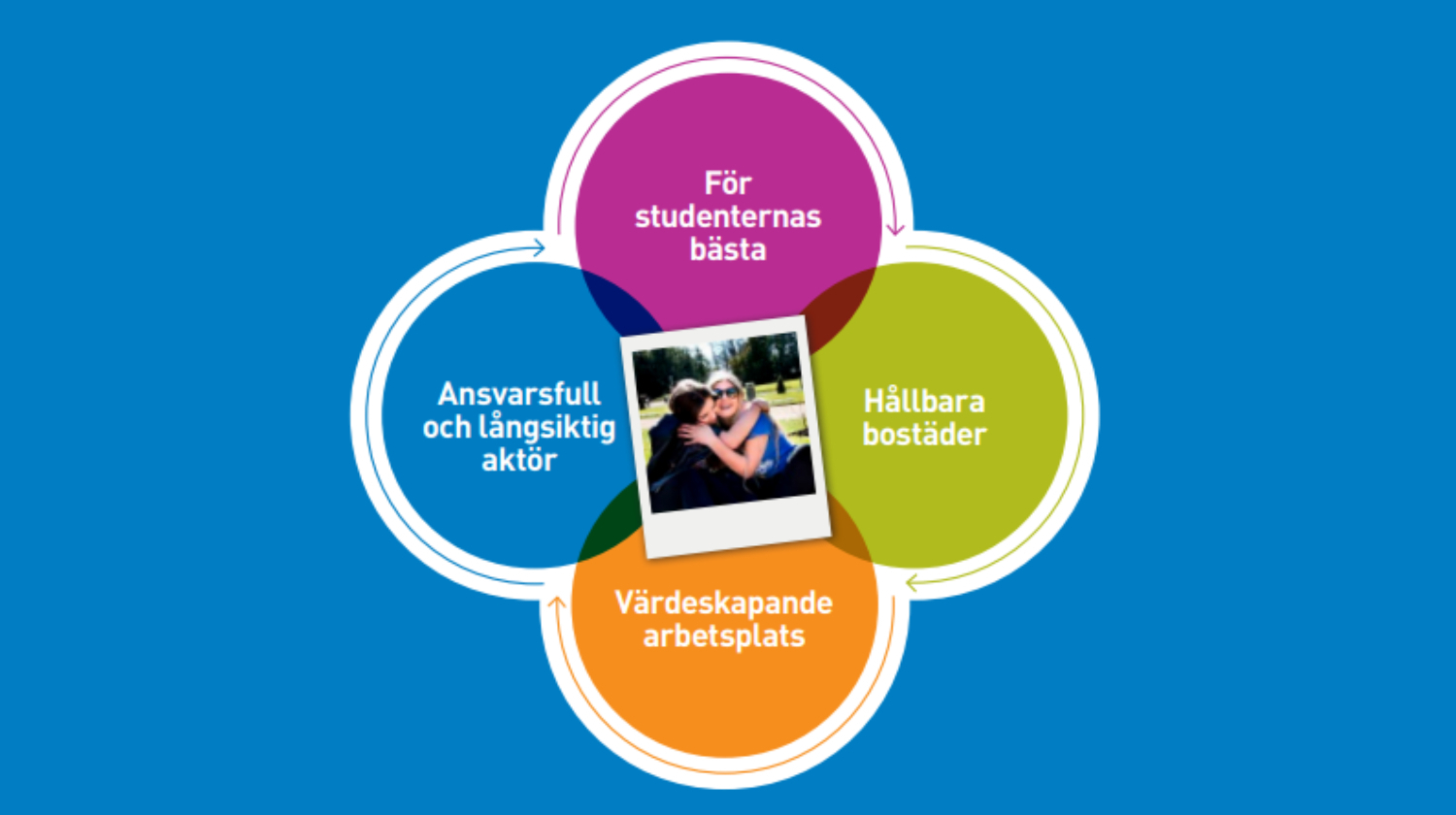  En illustration med fyra ringar med namnet på de olika hållbarhetsområdena (även rubrikerna nedan)