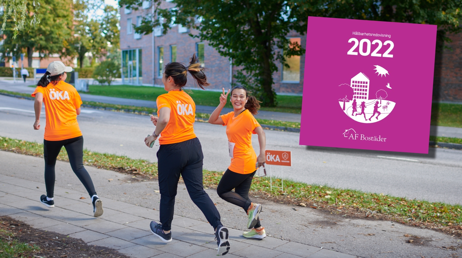 Bild på tre som springer Marathon marathon med en bild på hållbarhetsredovisningen 2022